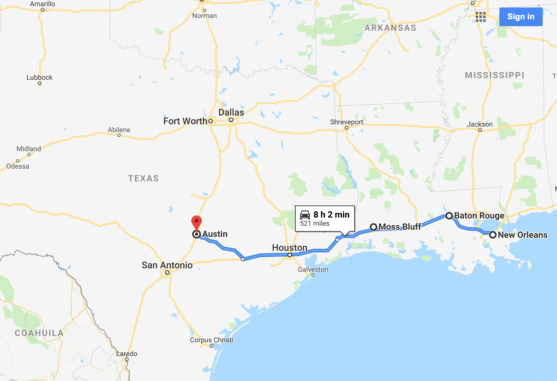 Route from New Orleans to Austin