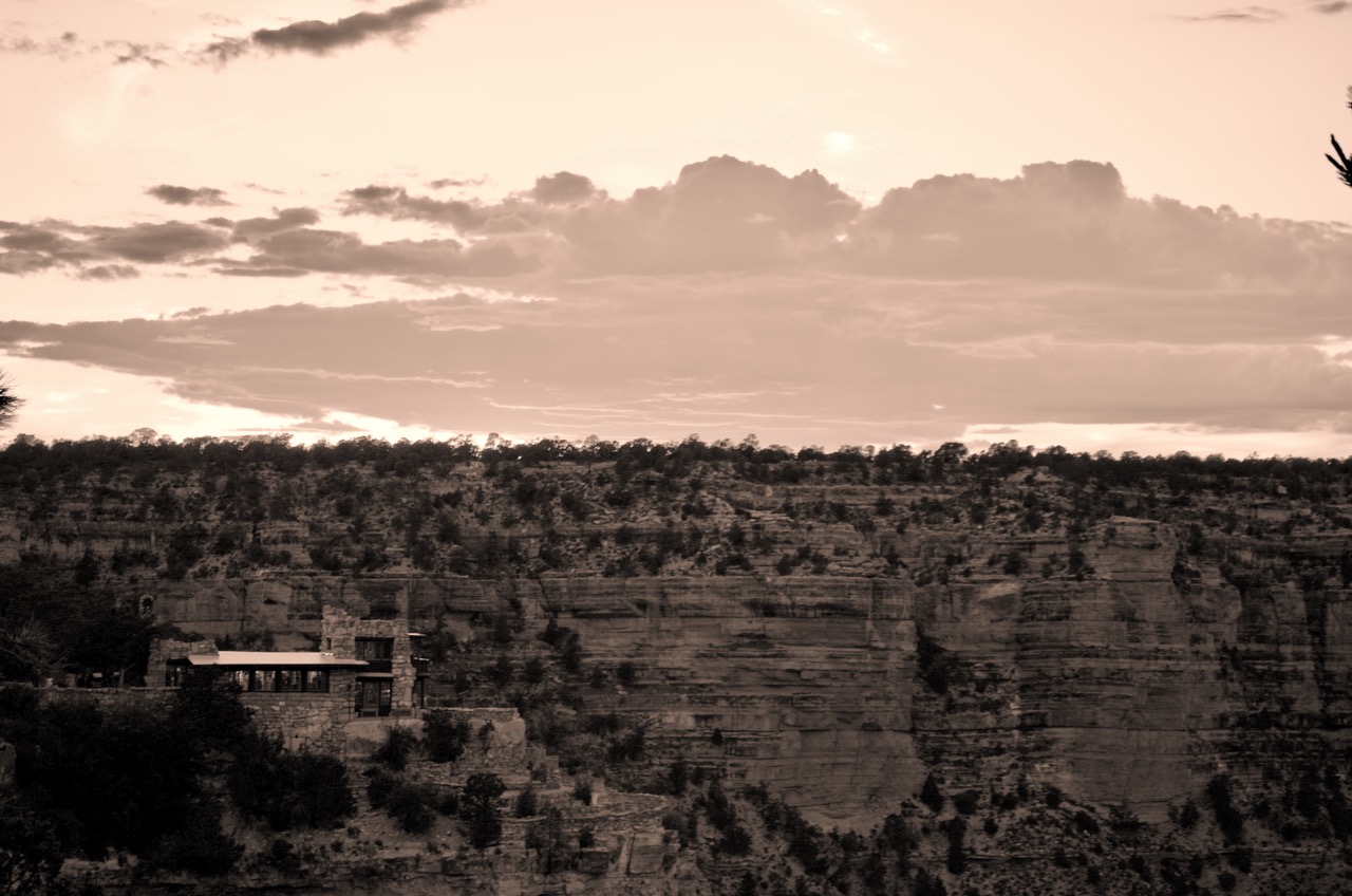 A sunset shot looking toward El Tovar Lodge.