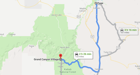 Map fo Page to Grand Canyon Village