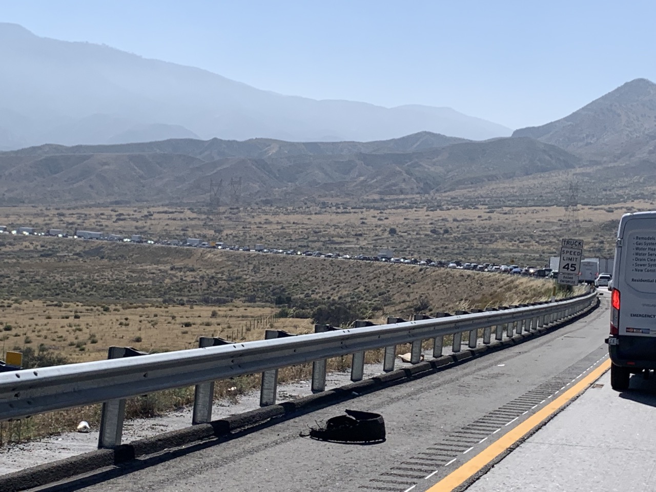 Traffic jam due to a fire in San Bernardino.