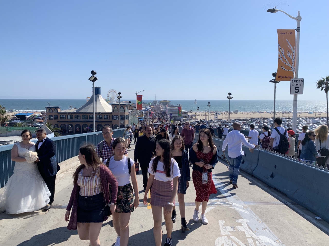 Santa Monica Pier, bride and groom included at no extra charge.