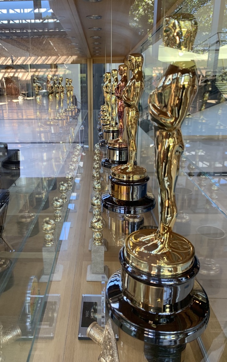 Part of the awards case at Pixar.