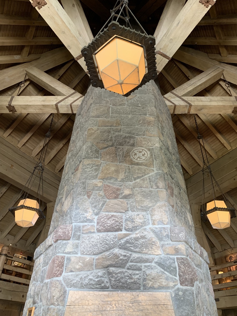 Detail of masonry and timber ceiling at Timberline Lodge.