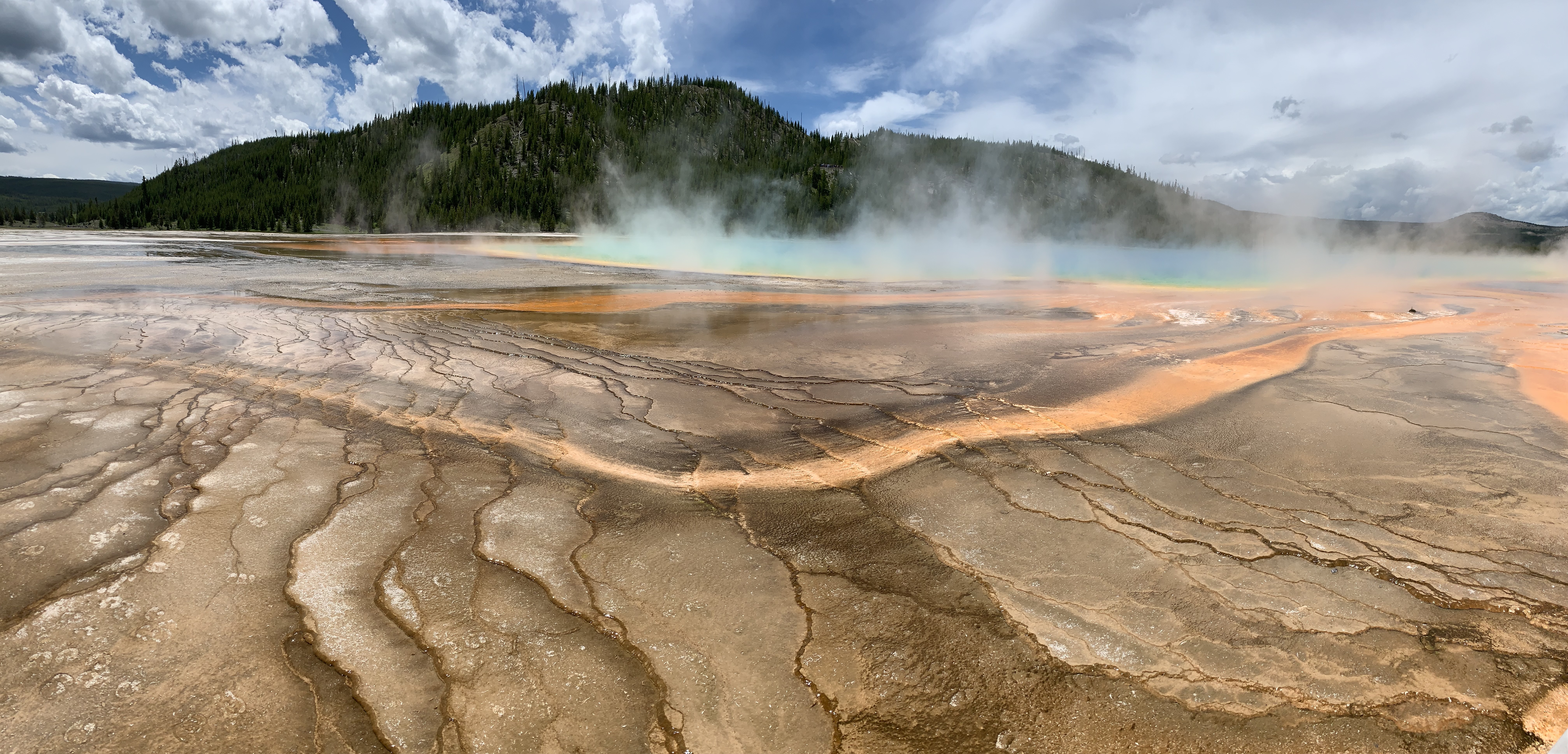 A panorama of Grand Prismatic Spring at ground level.