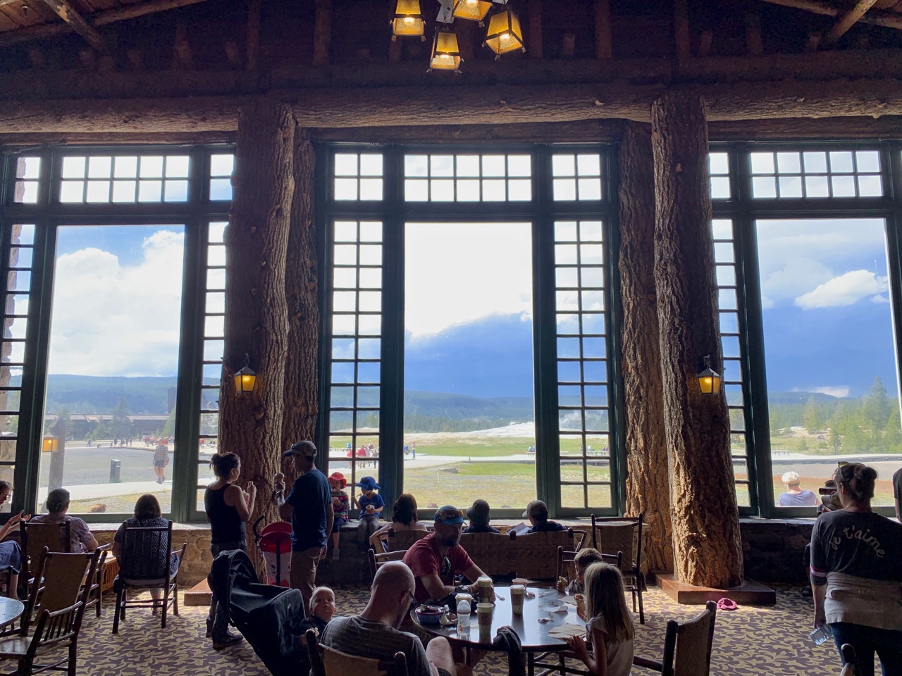 View of Old Faithful from inside the Old Faithful Inn.