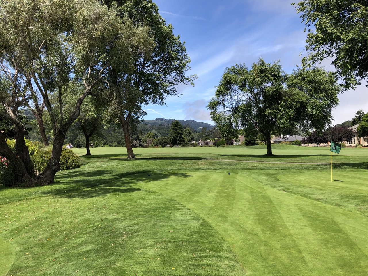 The green field and blue sky of the putting greens at Quail Lodge & Golf Club.