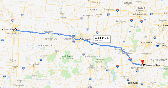 Map Kansas City to St Louis to Mammoth Cave