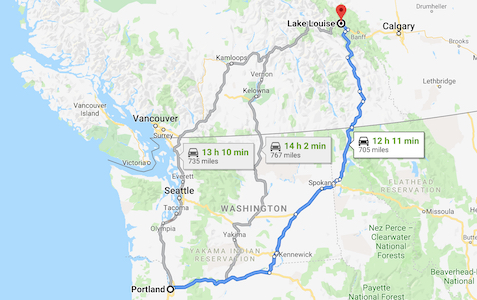 Map Portland to Lake Louise