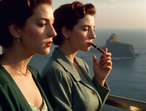 An AI image of "1940s Ladies Smoking a Cigar at the Cliffs of Moher"