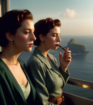 An AI image of "1940s Ladies Smoking a Cigar at the Cliffs of Moher"